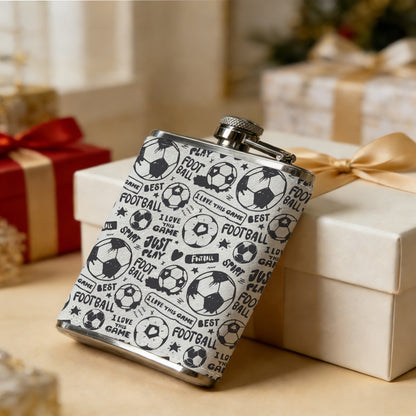 Football and text repeating pattern 8oz Stainless Steel Whiskey Flask with Fashionable pattern print Design - Portable Outdoor Camping & Hunting Flask, Perfect for Tequila, Whiskey, and Spirits - Unique Father'S Day Christmas Gift