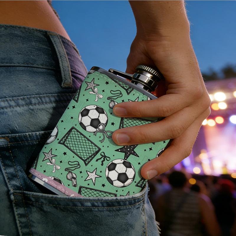 Seamless football and goal pattern 8oz Stainless Steel Whiskey Flask with Fashionable pattern print Design - Portable Outdoor Camping & Hunting Flask, Perfect for Tequila, Whiskey, and Spirits - Unique Father'S Day Christmas Gift