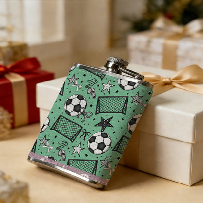 Seamless football and goal pattern 8oz Stainless Steel Whiskey Flask with Fashionable pattern print Design - Portable Outdoor Camping & Hunting Flask, Perfect for Tequila, Whiskey, and Spirits - Unique Father'S Day Christmas Gift