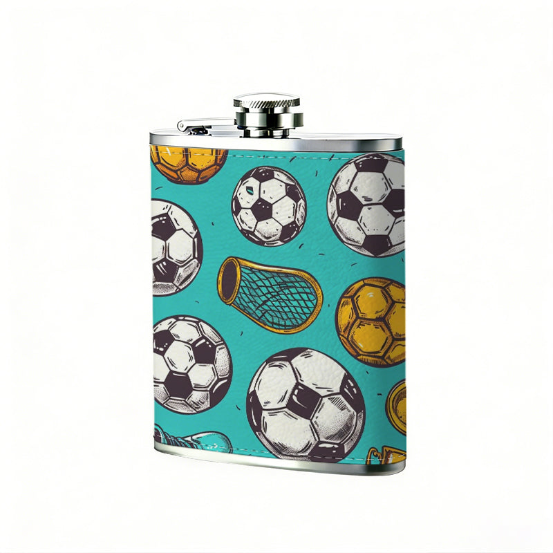 Soccer balls and sports shoes pattern 8oz Stainless Steel Whiskey Flask with Fashionable pattern print Design - Portable Outdoor Camping & Hunting Flask, Perfect for Tequila, Whiskey, and Spirits - Unique Father'S Day Christmas Gift