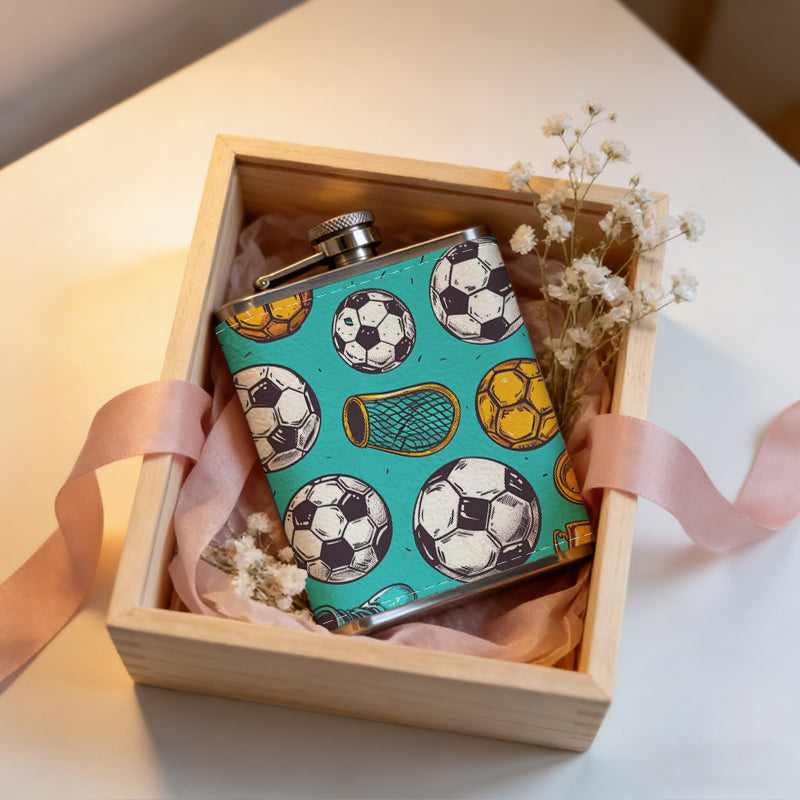Soccer balls and sports shoes pattern 8oz Stainless Steel Whiskey Flask with Fashionable pattern print Design - Portable Outdoor Camping & Hunting Flask, Perfect for Tequila, Whiskey, and Spirits - Unique Father'S Day Christmas Gift