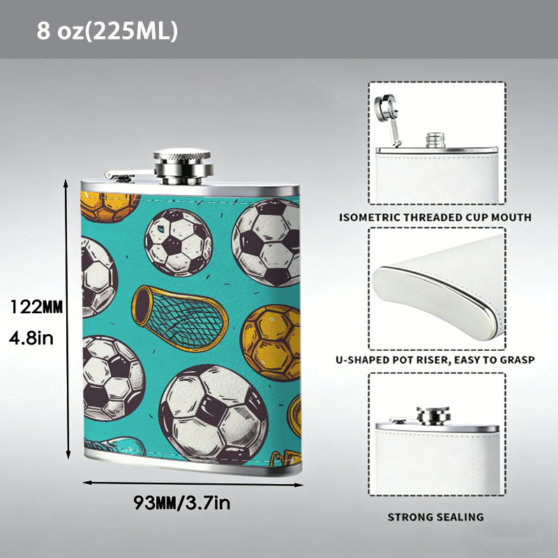 Soccer balls and sports shoes pattern 8oz Stainless Steel Whiskey Flask with Fashionable pattern print Design - Portable Outdoor Camping & Hunting Flask, Perfect for Tequila, Whiskey, and Spirits - Unique Father'S Day Christmas Gift
