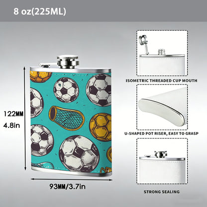 Soccer balls and sports shoes pattern 8oz Stainless Steel Whiskey Flask with Fashionable pattern print Design - Portable Outdoor Camping & Hunting Flask, Perfect for Tequila, Whiskey, and Spirits - Unique Father'S Day Christmas Gift