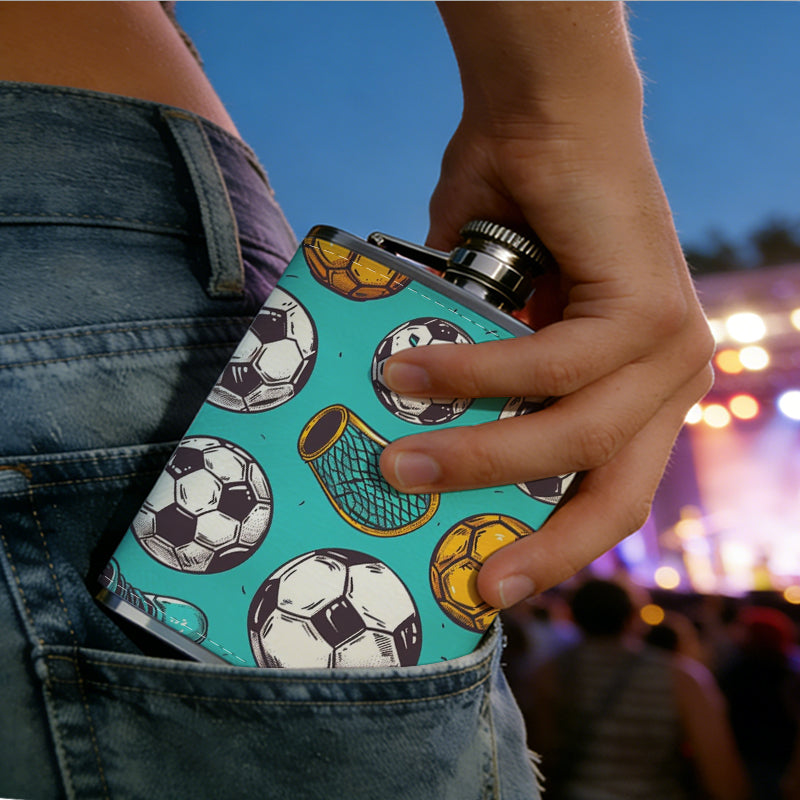 Soccer balls and sports shoes pattern 8oz Stainless Steel Whiskey Flask with Fashionable pattern print Design - Portable Outdoor Camping & Hunting Flask, Perfect for Tequila, Whiskey, and Spirits - Unique Father'S Day Christmas Gift