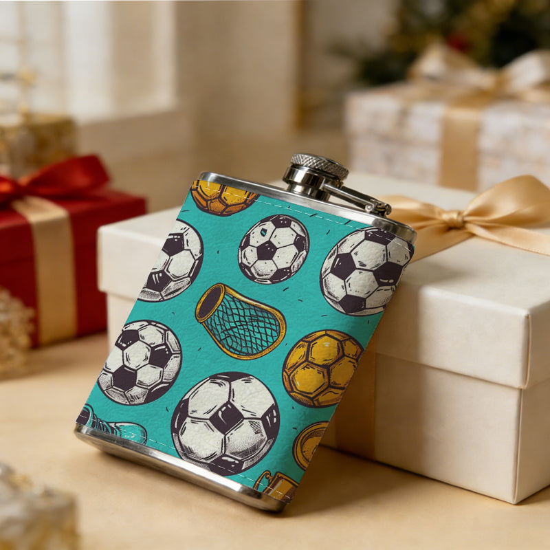 Soccer balls and sports shoes pattern 8oz Stainless Steel Whiskey Flask with Fashionable pattern print Design - Portable Outdoor Camping & Hunting Flask, Perfect for Tequila, Whiskey, and Spirits - Unique Father'S Day Christmas Gift
