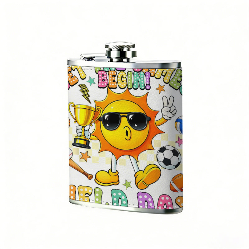 Cartoon sun with sports gear and text 8oz Stainless Steel Whiskey Flask with Fashionable pattern print Design - Portable Outdoor Camping & Hunting Flask, Perfect for Tequila, Whiskey, and Spirits - Unique Father'S Day Christmas Gift