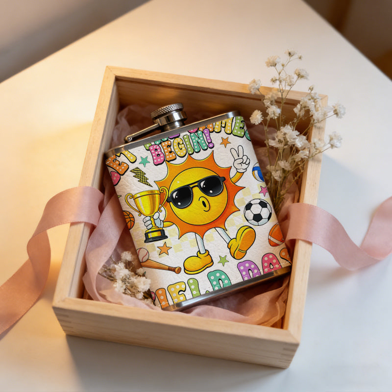 Cartoon sun with sports gear and text 8oz Stainless Steel Whiskey Flask with Fashionable pattern print Design - Portable Outdoor Camping & Hunting Flask, Perfect for Tequila, Whiskey, and Spirits - Unique Father'S Day Christmas Gift