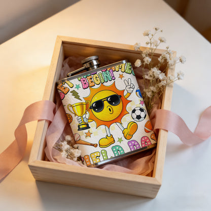 Cartoon sun with sports gear and text 8oz Stainless Steel Whiskey Flask with Fashionable pattern print Design - Portable Outdoor Camping & Hunting Flask, Perfect for Tequila, Whiskey, and Spirits - Unique Father'S Day Christmas Gift