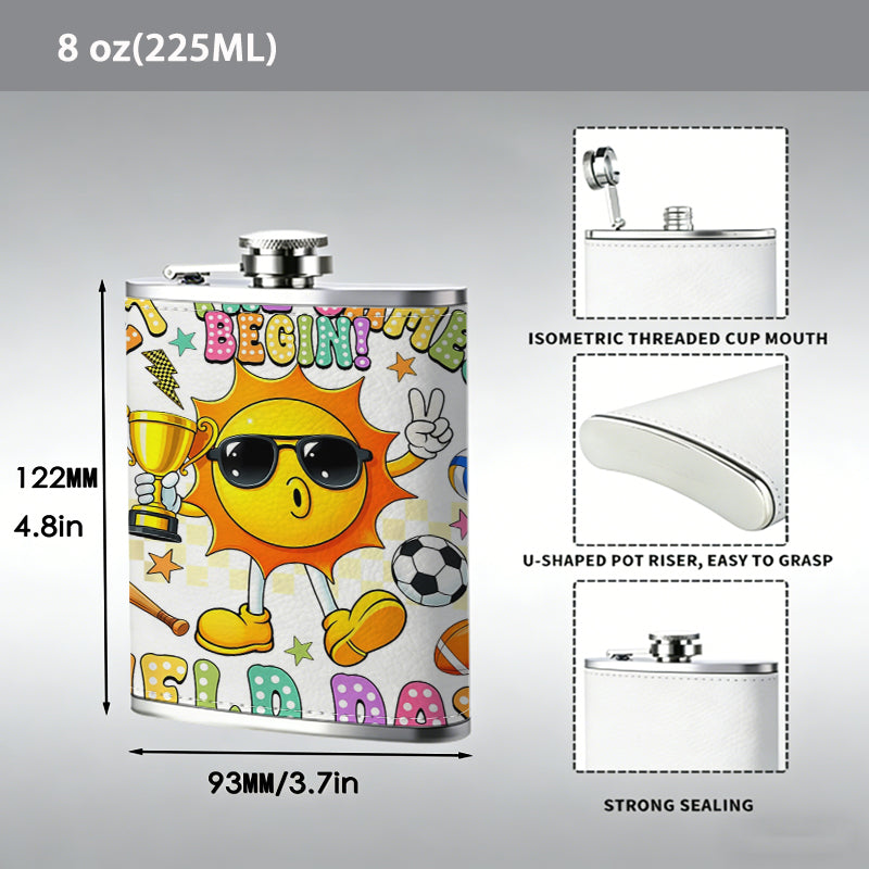 Cartoon sun with sports gear and text 8oz Stainless Steel Whiskey Flask with Fashionable pattern print Design - Portable Outdoor Camping & Hunting Flask, Perfect for Tequila, Whiskey, and Spirits - Unique Father'S Day Christmas Gift