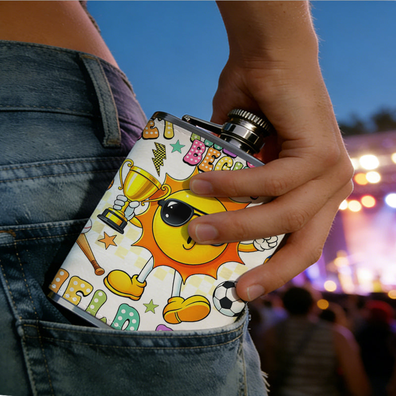 Cartoon sun with sports gear and text 8oz Stainless Steel Whiskey Flask with Fashionable pattern print Design - Portable Outdoor Camping & Hunting Flask, Perfect for Tequila, Whiskey, and Spirits - Unique Father'S Day Christmas Gift