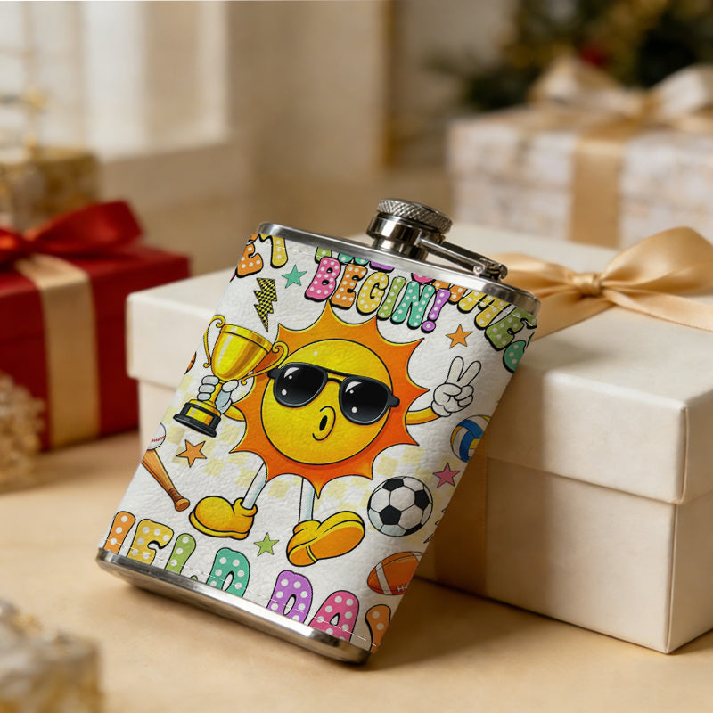 Cartoon sun with sports gear and text 8oz Stainless Steel Whiskey Flask with Fashionable pattern print Design - Portable Outdoor Camping & Hunting Flask, Perfect for Tequila, Whiskey, and Spirits - Unique Father'S Day Christmas Gift