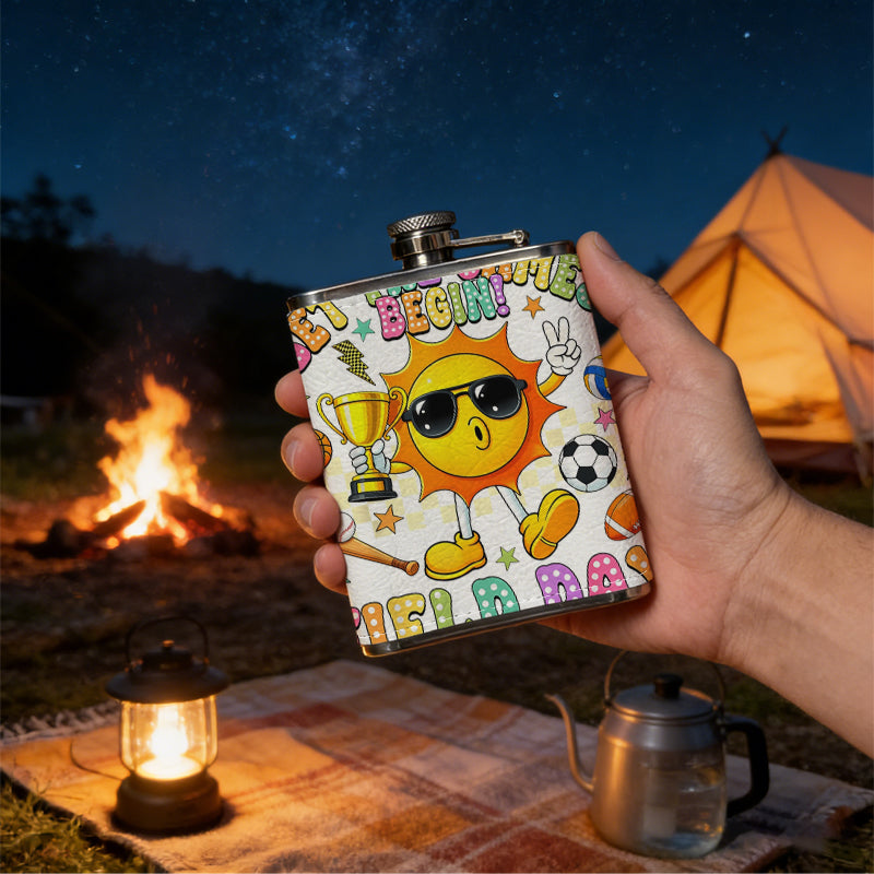 Cartoon sun with sports gear and text 8oz Stainless Steel Whiskey Flask with Fashionable pattern print Design - Portable Outdoor Camping & Hunting Flask, Perfect for Tequila, Whiskey, and Spirits - Unique Father'S Day Christmas Gift