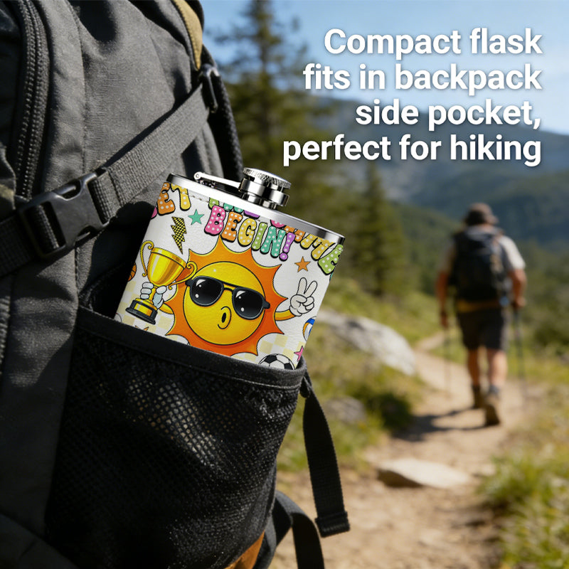 Cartoon sun with sports gear and text 8oz Stainless Steel Whiskey Flask with Fashionable pattern print Design - Portable Outdoor Camping & Hunting Flask, Perfect for Tequila, Whiskey, and Spirits - Unique Father'S Day Christmas Gift