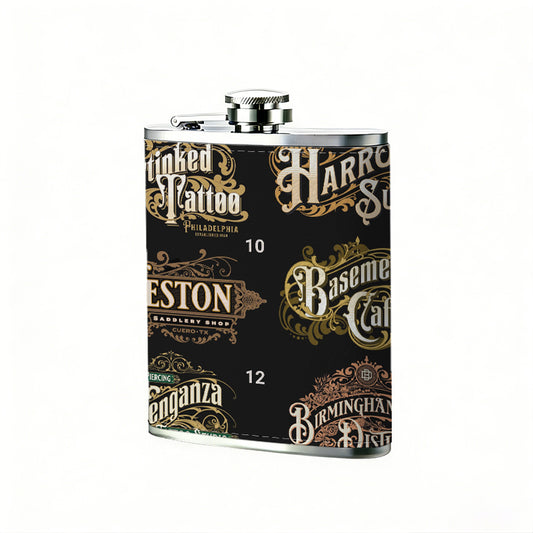 Six vintage ornate text logos 8oz Stainless Steel Whiskey Flask with Fashionable pattern print Design - Portable Outdoor Camping & Hunting Flask, Perfect for Tequila, Whiskey, and Spirits - Unique Father'S Day Christmas Gift