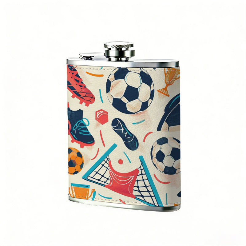 Seamless soccer sports equipment pattern 8oz Stainless Steel Whiskey Flask with Fashionable pattern print Design - Portable Outdoor Camping & Hunting Flask, Perfect for Tequila, Whiskey, and Spirits - Unique Father'S Day Christmas Gift