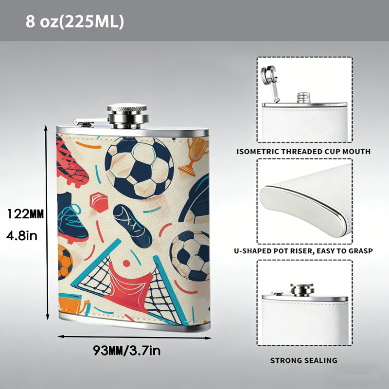 Seamless soccer sports equipment pattern 8oz Stainless Steel Whiskey Flask with Fashionable pattern print Design - Portable Outdoor Camping & Hunting Flask, Perfect for Tequila, Whiskey, and Spirits - Unique Father'S Day Christmas Gift