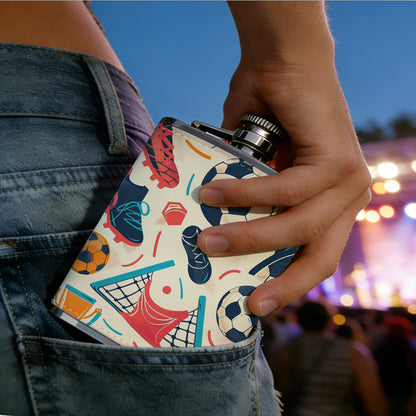 Seamless soccer sports equipment pattern 8oz Stainless Steel Whiskey Flask with Fashionable pattern print Design - Portable Outdoor Camping & Hunting Flask, Perfect for Tequila, Whiskey, and Spirits - Unique Father'S Day Christmas Gift