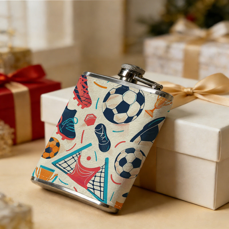 Seamless soccer sports equipment pattern 8oz Stainless Steel Whiskey Flask with Fashionable pattern print Design - Portable Outdoor Camping & Hunting Flask, Perfect for Tequila, Whiskey, and Spirits - Unique Father'S Day Christmas Gift
