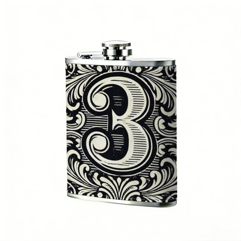 Decorative vintage number 3 8oz Stainless Steel Whiskey Flask with Fashionable pattern print Design - Portable Outdoor Camping & Hunting Flask, Perfect for Tequila, Whiskey, and Spirits - Unique Father'S Day Christmas Gift