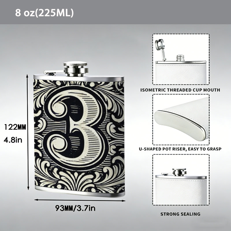 Decorative vintage number 3 8oz Stainless Steel Whiskey Flask with Fashionable pattern print Design - Portable Outdoor Camping & Hunting Flask, Perfect for Tequila, Whiskey, and Spirits - Unique Father'S Day Christmas Gift