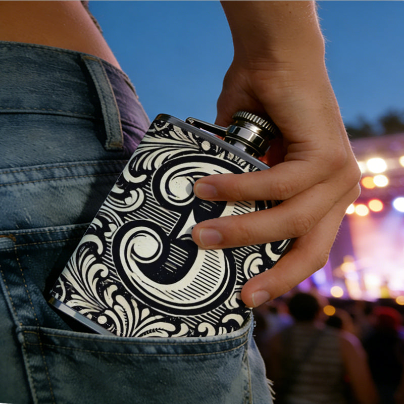 Decorative vintage number 3 8oz Stainless Steel Whiskey Flask with Fashionable pattern print Design - Portable Outdoor Camping & Hunting Flask, Perfect for Tequila, Whiskey, and Spirits - Unique Father'S Day Christmas Gift