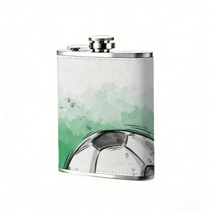 Watercolor soccer ball on green background 8oz Stainless Steel Whiskey Flask with Fashionable pattern print Design - Portable Outdoor Camping & Hunting Flask, Perfect for Tequila, Whiskey, and Spirits - Unique Father'S Day Christmas Gift