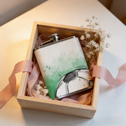 Watercolor soccer ball on green background 8oz Stainless Steel Whiskey Flask with Fashionable pattern print Design - Portable Outdoor Camping & Hunting Flask, Perfect for Tequila, Whiskey, and Spirits - Unique Father'S Day Christmas Gift