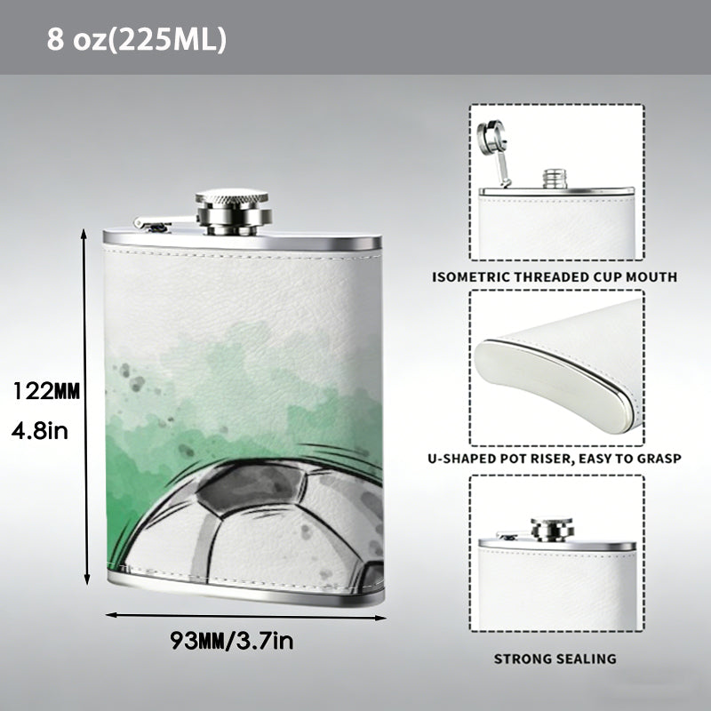 Watercolor soccer ball on green background 8oz Stainless Steel Whiskey Flask with Fashionable pattern print Design - Portable Outdoor Camping & Hunting Flask, Perfect for Tequila, Whiskey, and Spirits - Unique Father'S Day Christmas Gift