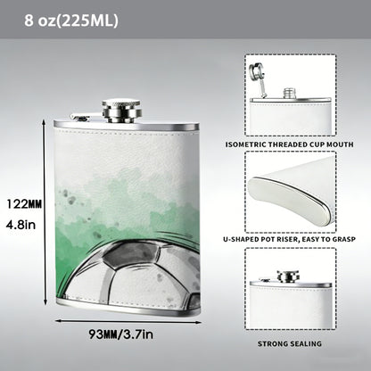Watercolor soccer ball on green background 8oz Stainless Steel Whiskey Flask with Fashionable pattern print Design - Portable Outdoor Camping & Hunting Flask, Perfect for Tequila, Whiskey, and Spirits - Unique Father'S Day Christmas Gift