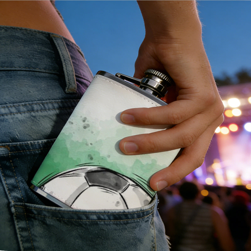 Watercolor soccer ball on green background 8oz Stainless Steel Whiskey Flask with Fashionable pattern print Design - Portable Outdoor Camping & Hunting Flask, Perfect for Tequila, Whiskey, and Spirits - Unique Father'S Day Christmas Gift