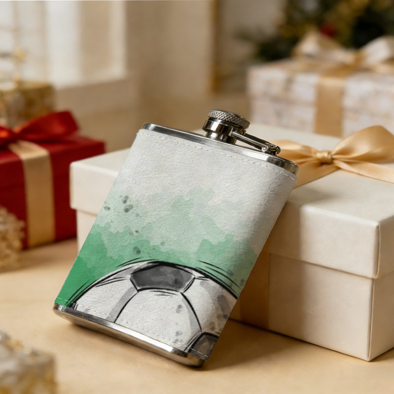 Watercolor soccer ball on green background 8oz Stainless Steel Whiskey Flask with Fashionable pattern print Design - Portable Outdoor Camping & Hunting Flask, Perfect for Tequila, Whiskey, and Spirits - Unique Father'S Day Christmas Gift