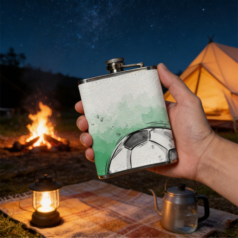 Watercolor soccer ball on green background 8oz Stainless Steel Whiskey Flask with Fashionable pattern print Design - Portable Outdoor Camping & Hunting Flask, Perfect for Tequila, Whiskey, and Spirits - Unique Father'S Day Christmas Gift