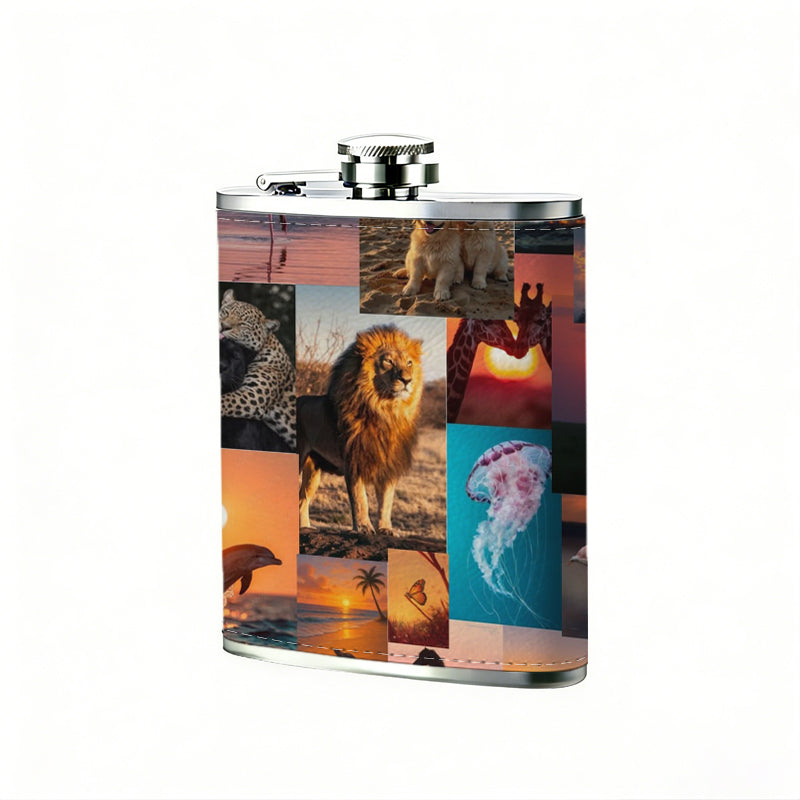 Collage of animals and sunset landscapes 8oz Stainless Steel Whiskey Flask with Fashionable pattern print Design - Portable Outdoor Camping & Hunting Flask, Perfect for Tequila, Whiskey, and Spirits - Unique Father'S Day Christmas Gift