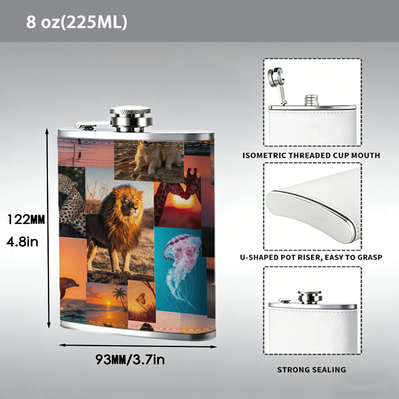 Collage of animals and sunset landscapes 8oz Stainless Steel Whiskey Flask with Fashionable pattern print Design - Portable Outdoor Camping & Hunting Flask, Perfect for Tequila, Whiskey, and Spirits - Unique Father'S Day Christmas Gift