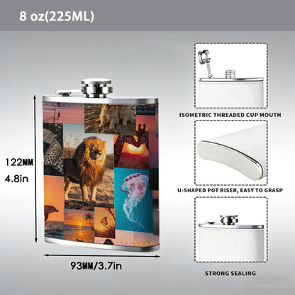 Collage of animals and sunset landscapes 8oz Stainless Steel Whiskey Flask with Fashionable pattern print Design - Portable Outdoor Camping & Hunting Flask, Perfect for Tequila, Whiskey, and Spirits - Unique Father'S Day Christmas Gift
