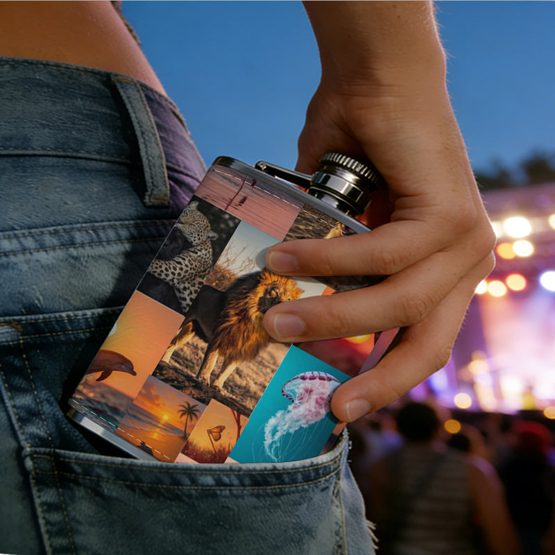 Collage of animals and sunset landscapes 8oz Stainless Steel Whiskey Flask with Fashionable pattern print Design - Portable Outdoor Camping & Hunting Flask, Perfect for Tequila, Whiskey, and Spirits - Unique Father'S Day Christmas Gift