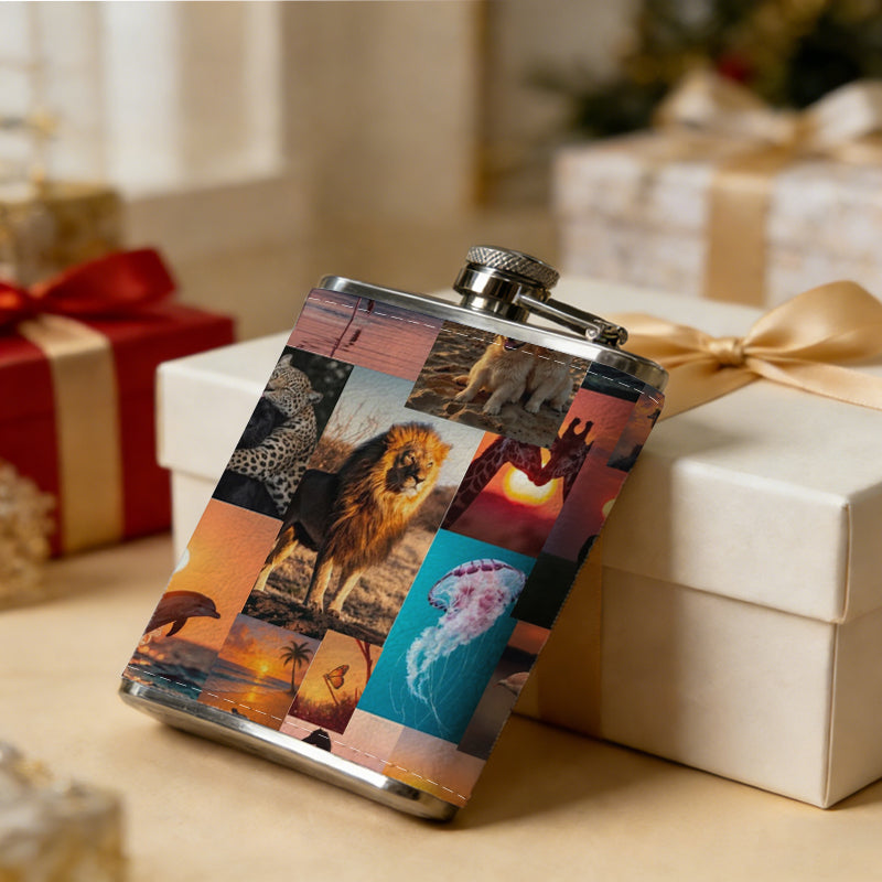 Collage of animals and sunset landscapes 8oz Stainless Steel Whiskey Flask with Fashionable pattern print Design - Portable Outdoor Camping & Hunting Flask, Perfect for Tequila, Whiskey, and Spirits - Unique Father'S Day Christmas Gift