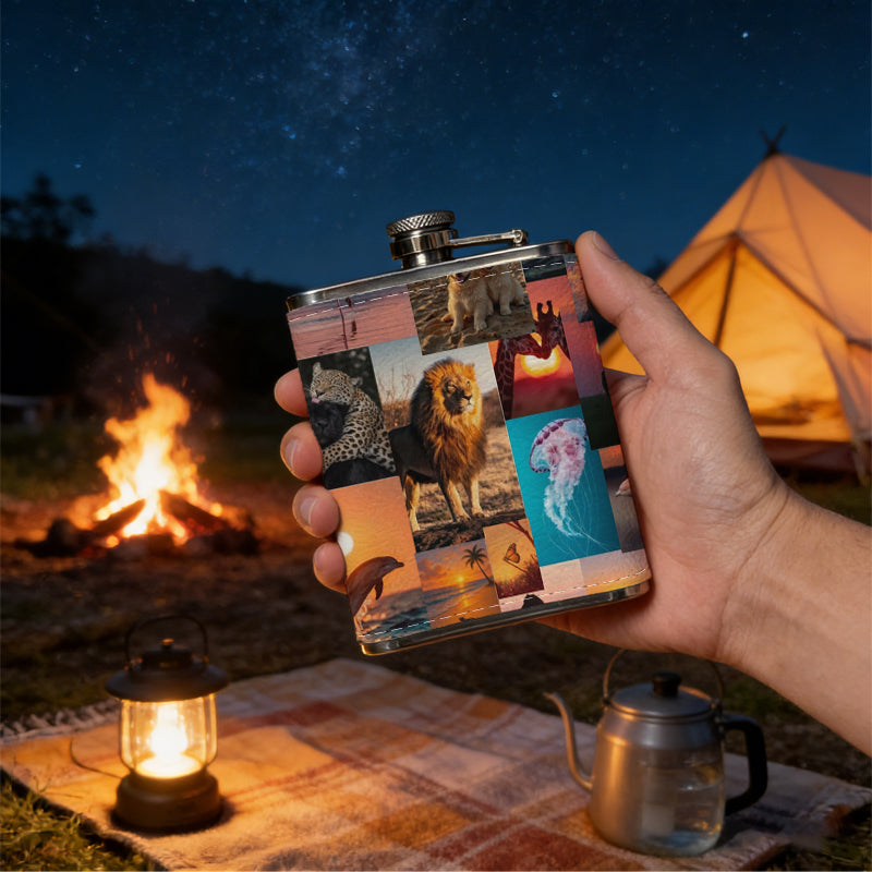 Collage of animals and sunset landscapes 8oz Stainless Steel Whiskey Flask with Fashionable pattern print Design - Portable Outdoor Camping & Hunting Flask, Perfect for Tequila, Whiskey, and Spirits - Unique Father'S Day Christmas Gift