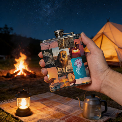 Collage of animals and sunset landscapes 8oz Stainless Steel Whiskey Flask with Fashionable pattern print Design - Portable Outdoor Camping & Hunting Flask, Perfect for Tequila, Whiskey, and Spirits - Unique Father'S Day Christmas Gift