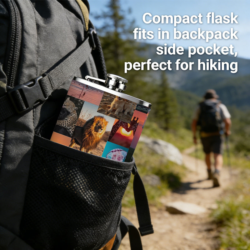Collage of animals and sunset landscapes 8oz Stainless Steel Whiskey Flask with Fashionable pattern print Design - Portable Outdoor Camping & Hunting Flask, Perfect for Tequila, Whiskey, and Spirits - Unique Father'S Day Christmas Gift