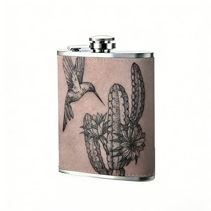 Tattoo of bird and cactus on skin 8oz Stainless Steel Whiskey Flask with Fashionable pattern print Design - Portable Outdoor Camping & Hunting Flask, Perfect for Tequila, Whiskey, and Spirits - Unique Father'S Day Christmas Gift