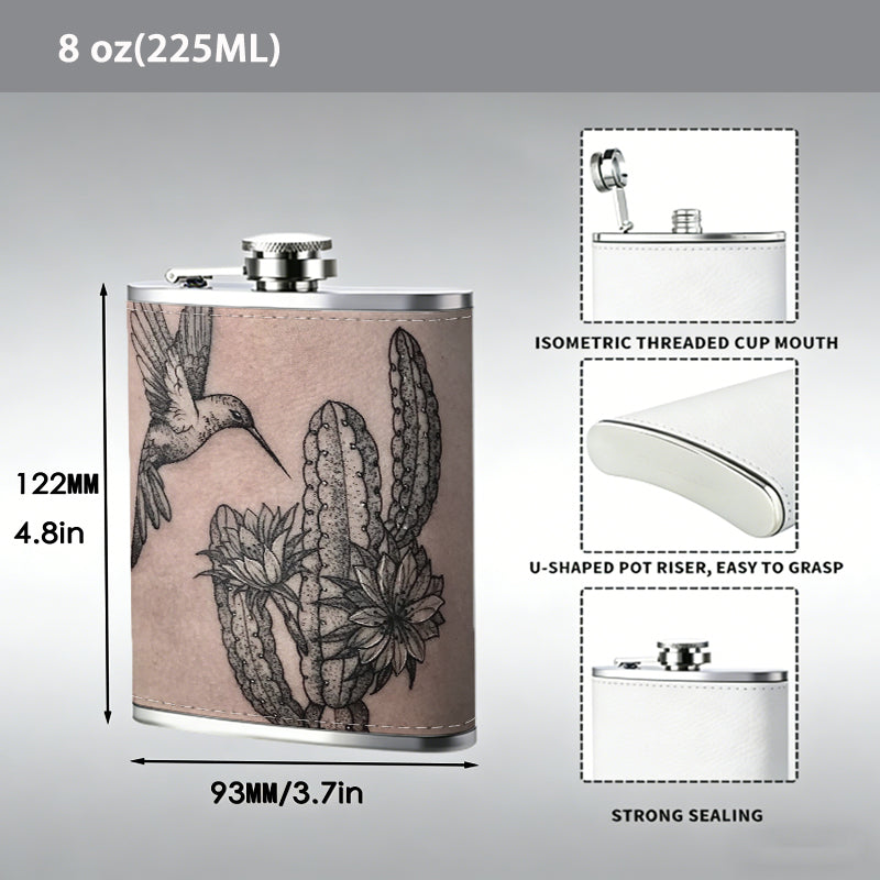 Tattoo of bird and cactus on skin 8oz Stainless Steel Whiskey Flask with Fashionable pattern print Design - Portable Outdoor Camping & Hunting Flask, Perfect for Tequila, Whiskey, and Spirits - Unique Father'S Day Christmas Gift