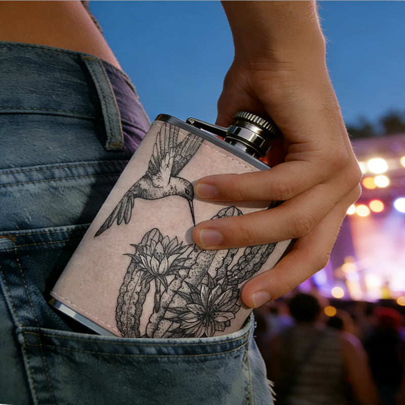 Tattoo of bird and cactus on skin 8oz Stainless Steel Whiskey Flask with Fashionable pattern print Design - Portable Outdoor Camping & Hunting Flask, Perfect for Tequila, Whiskey, and Spirits - Unique Father'S Day Christmas Gift