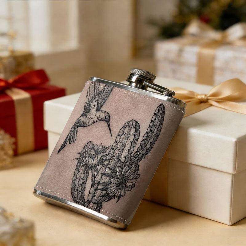 Tattoo of bird and cactus on skin 8oz Stainless Steel Whiskey Flask with Fashionable pattern print Design - Portable Outdoor Camping & Hunting Flask, Perfect for Tequila, Whiskey, and Spirits - Unique Father'S Day Christmas Gift