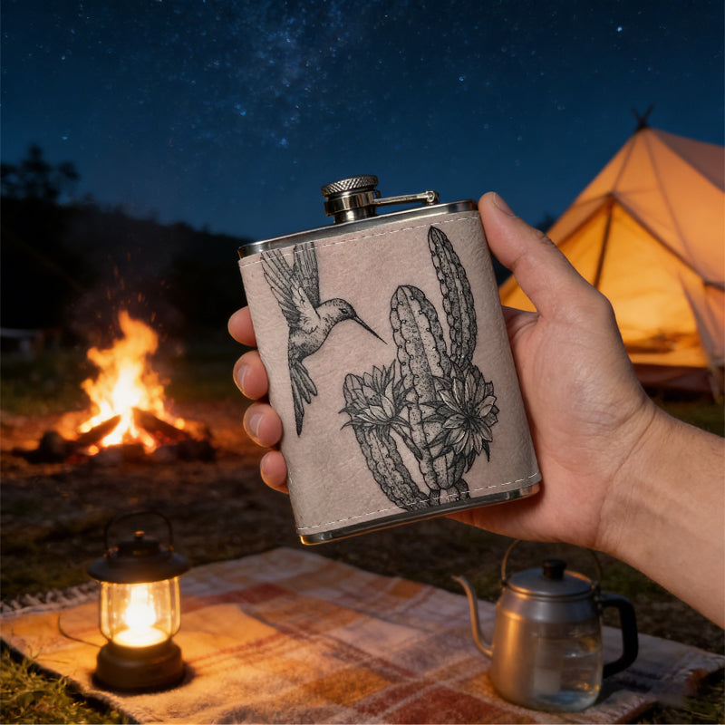 Tattoo of bird and cactus on skin 8oz Stainless Steel Whiskey Flask with Fashionable pattern print Design - Portable Outdoor Camping & Hunting Flask, Perfect for Tequila, Whiskey, and Spirits - Unique Father'S Day Christmas Gift