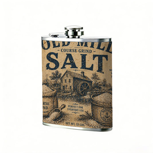 Vintage Old Mill Salt product label 8oz Stainless Steel Whiskey Flask with Fashionable pattern print Design - Portable Outdoor Camping & Hunting Flask, Perfect for Tequila, Whiskey, and Spirits - Unique Father'S Day Christmas Gift