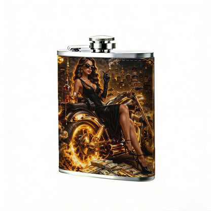 "Poster with woman, motorcycle, skull and text" 8oz Stainless Steel Whiskey Flask with Fashionable pattern print Design - Portable Outdoor Camping & Hunting Flask, Perfect for Tequila, Whiskey, and Spirits - Unique Father'S Day Christmas Gift