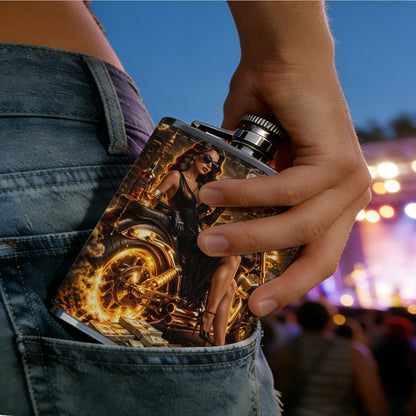 "Poster with woman, motorcycle, skull and text" 8oz Stainless Steel Whiskey Flask with Fashionable pattern print Design - Portable Outdoor Camping & Hunting Flask, Perfect for Tequila, Whiskey, and Spirits - Unique Father'S Day Christmas Gift
