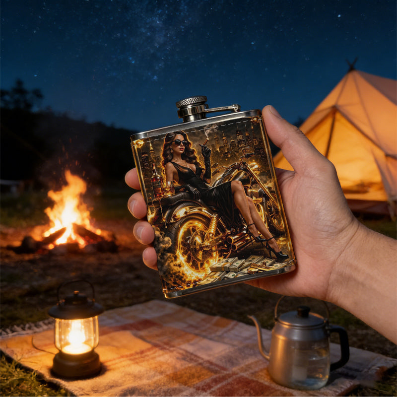 "Poster with woman, motorcycle, skull and text" 8oz Stainless Steel Whiskey Flask with Fashionable pattern print Design - Portable Outdoor Camping & Hunting Flask, Perfect for Tequila, Whiskey, and Spirits - Unique Father'S Day Christmas Gift