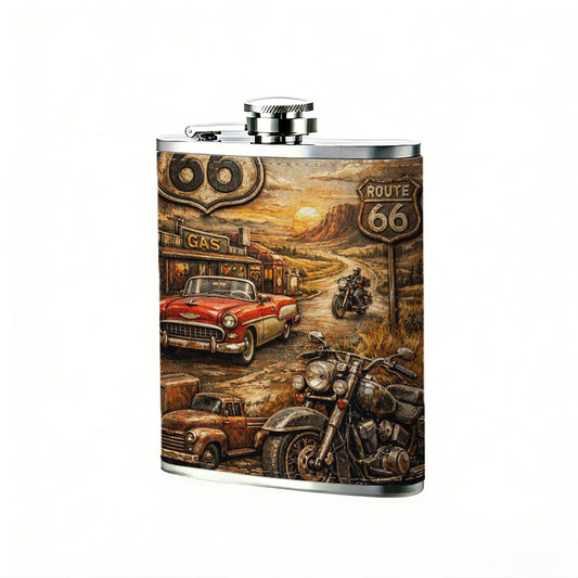 Vintage Route 66 poster with motorcycles and cars 8oz Stainless Steel Whiskey Flask with Fashionable pattern print Design - Portable Outdoor Camping & Hunting Flask, Perfect for Tequila, Whiskey, and Spirits - Unique Father'S Day Christmas Gift